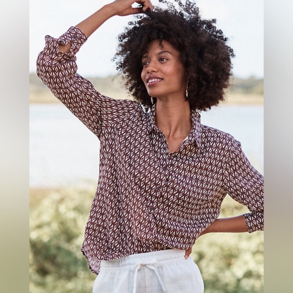 GARNET HILL 100% Linen Top Button Down Long Sleeve Woodblock Geo Brown Size 2